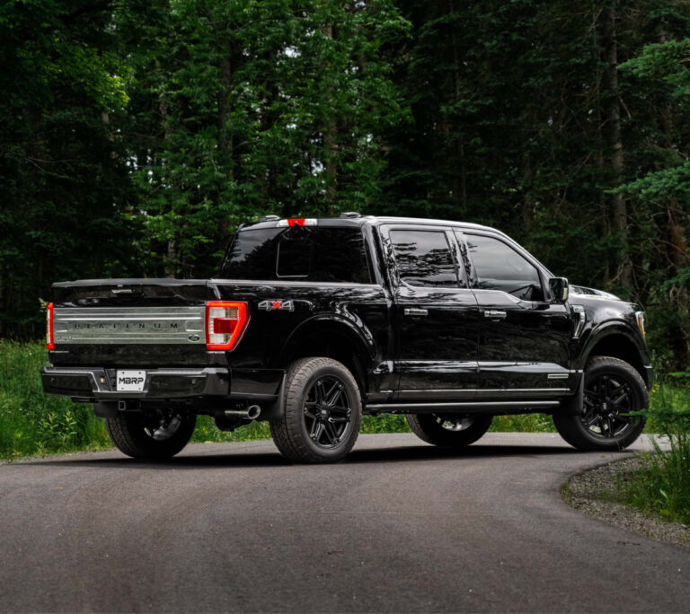 Rear view of a black Ford F-150.